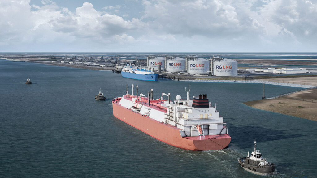 Rendering of NextDecade's Rio Grande LNG facility in Brownsville, Texas, showing LNG carriers at the terminal following XRG's expanded investment.