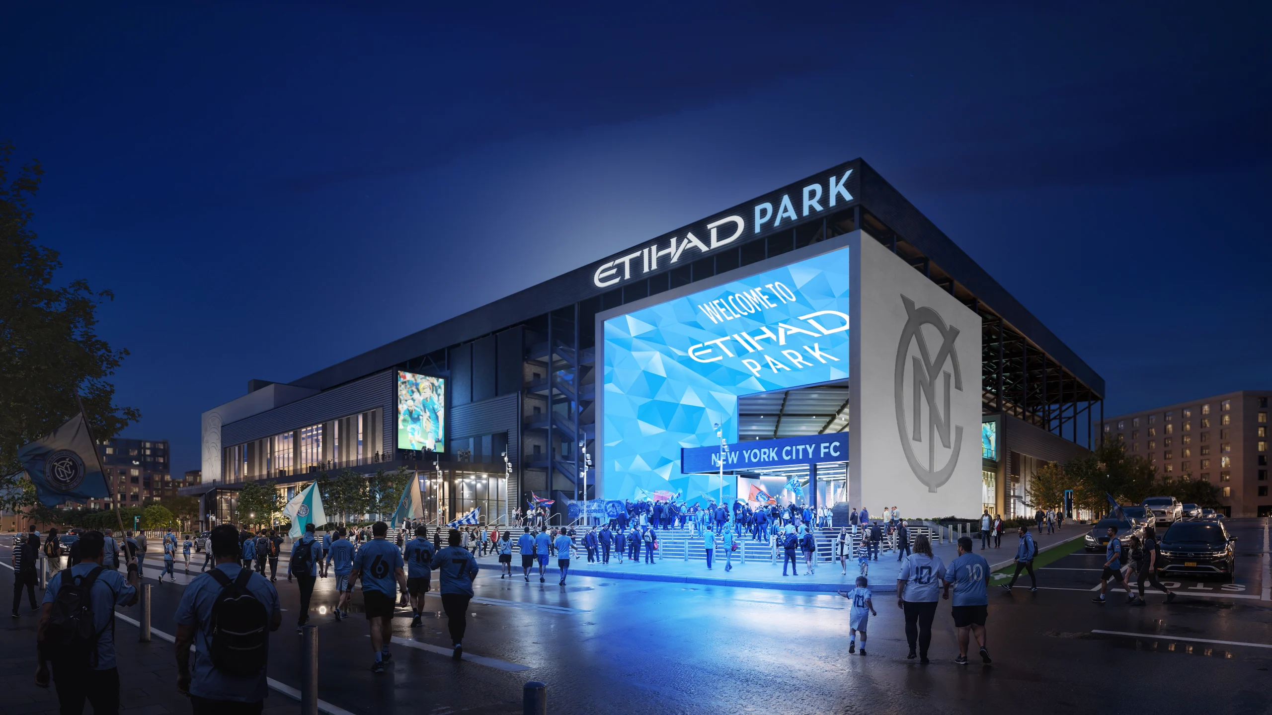 Rendering of Etihad Park, New York City FC’s future soccer-specific stadium in Queens, with fans gathering outside the illuminated entrance.
