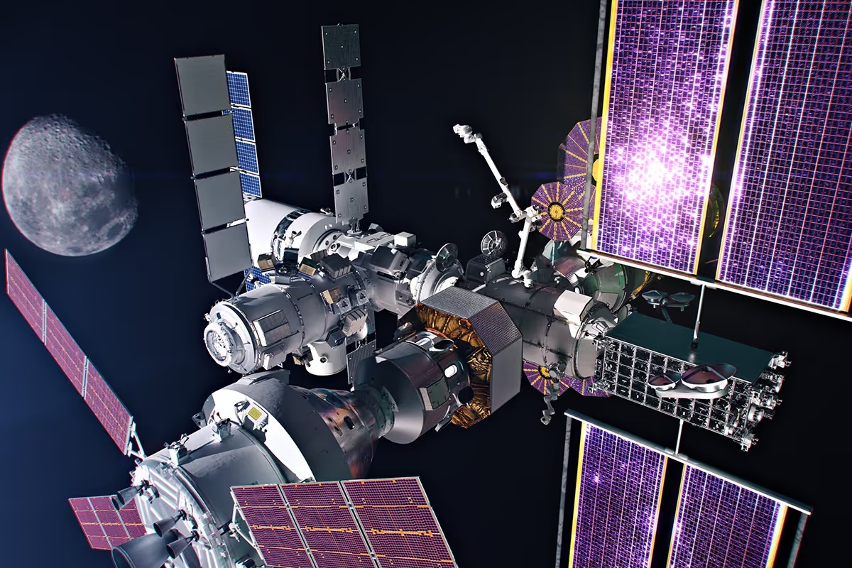 Rendering of NASA’s Lunar Gateway lunar-orbiting station featuring the UAE-built airlock module.