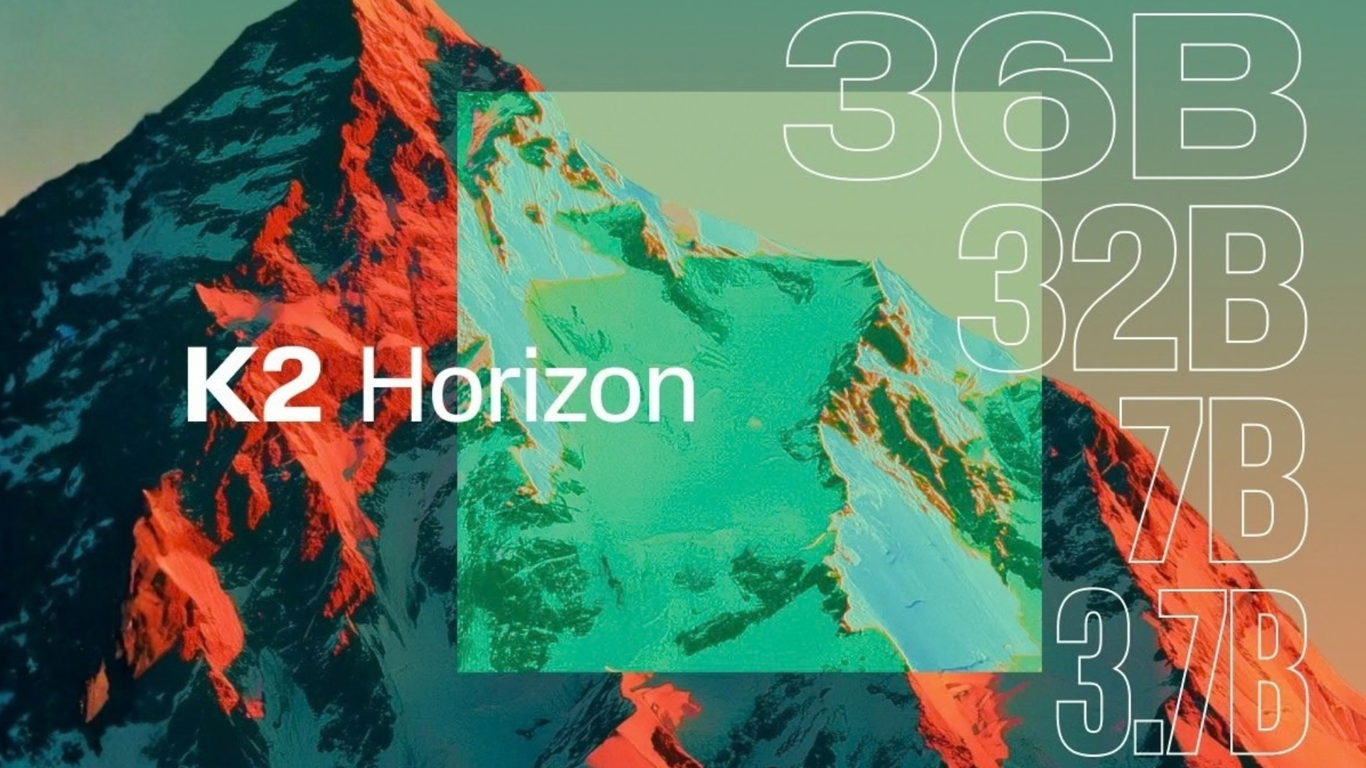 K2 Horizon launch graphic featuring a stylized multicolored mountain and six AI model sizes: 375B, 36B, 32B, 7B, 3.7B and 0.9B.