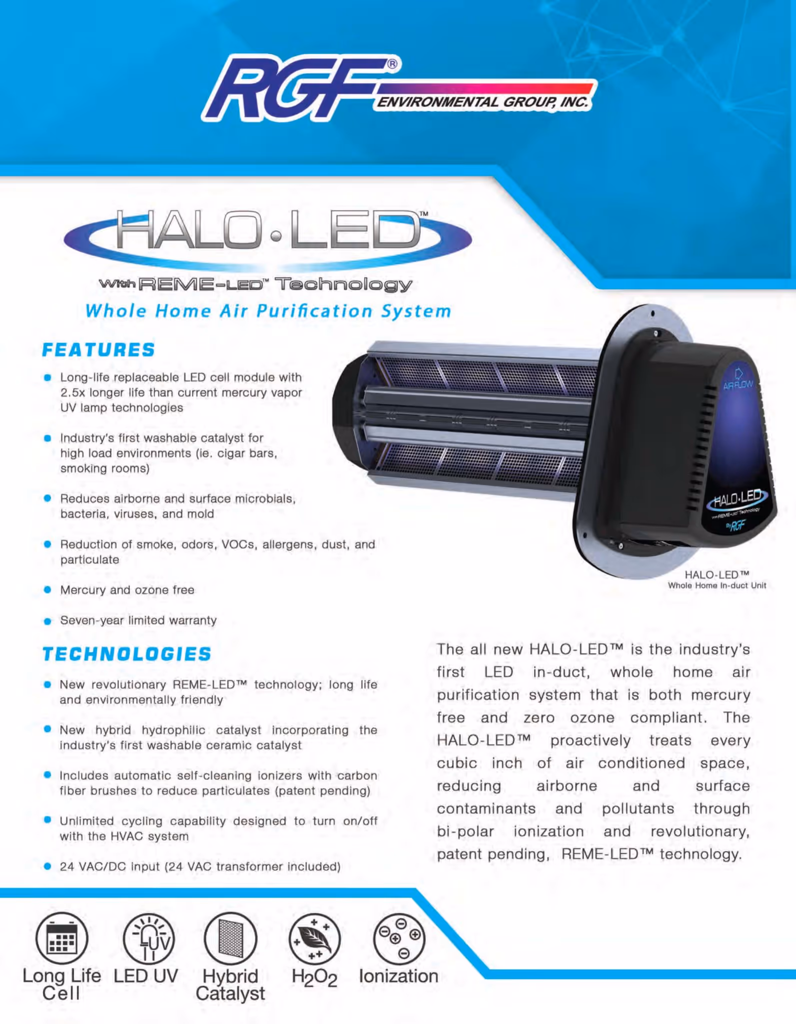 RGF Halo-LED whole home air purification system product brochure