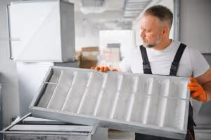 Worker in protective gear inspects large metal industrial tray in clean facility