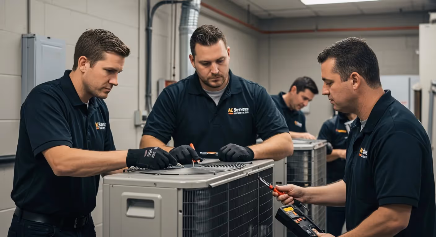HVAC technicians in black uniforms repairing an air conditioning unit