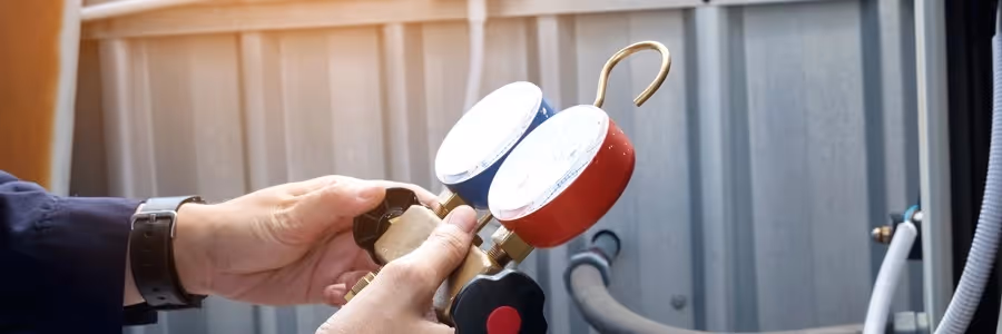 Hand adjusting pressure gauges on red and blue industrial equipment