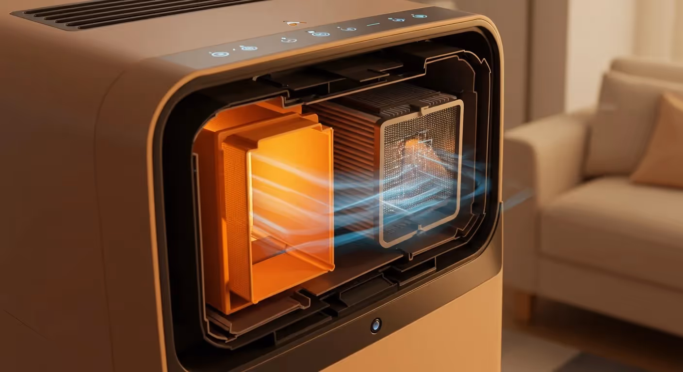 Modern heater with cutaway view showing internal heating mechanism