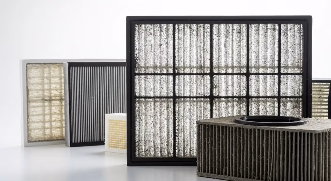 Various dirty air filters in different sizes and states of use