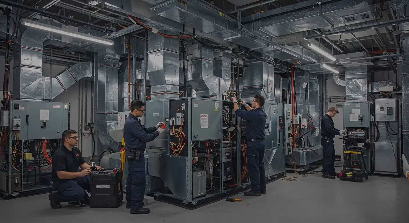 Technicians working on electrical equipment in industrial mechanical room