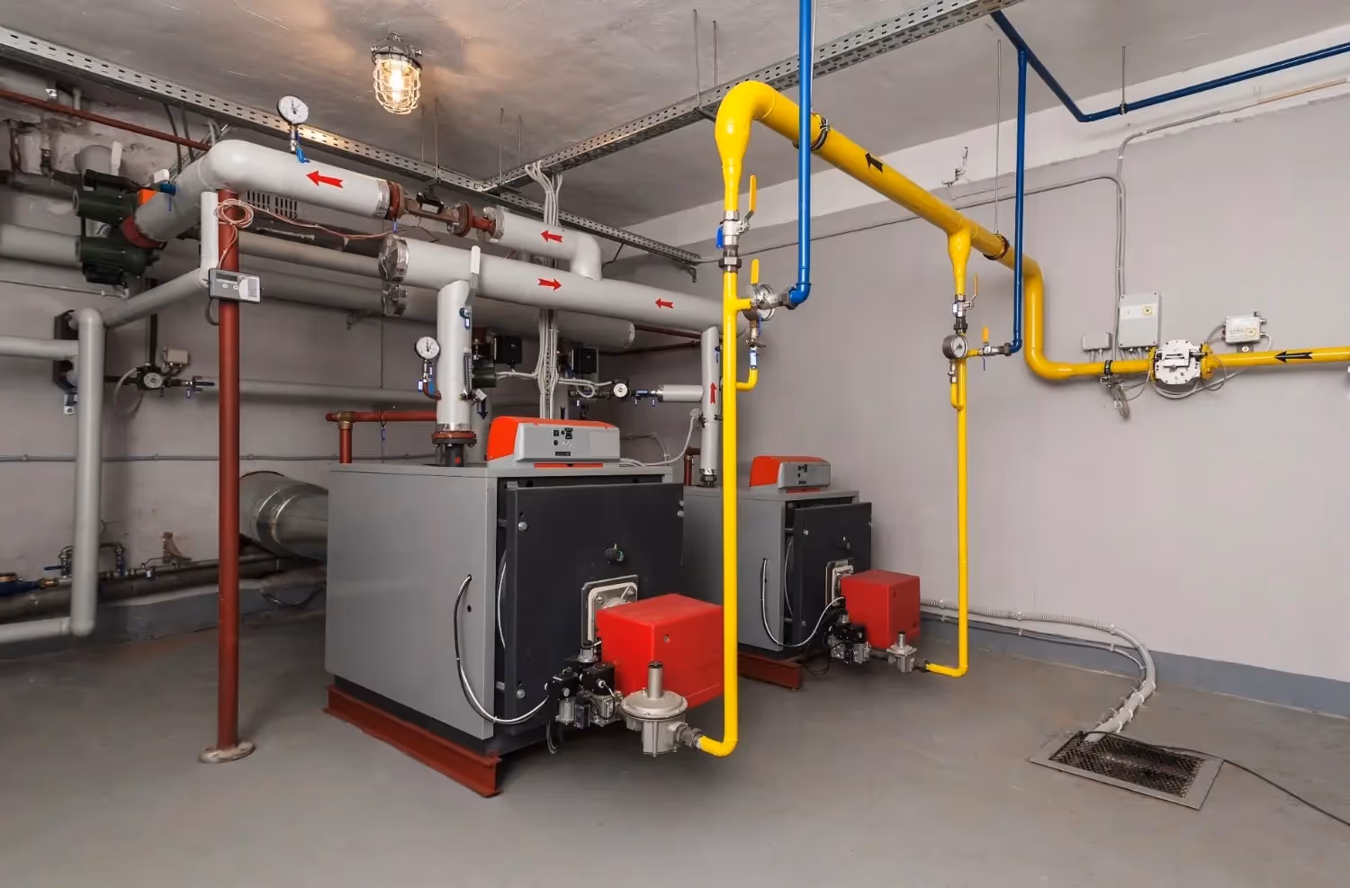 Industrial boilers with colorful pipes in a mechanical room