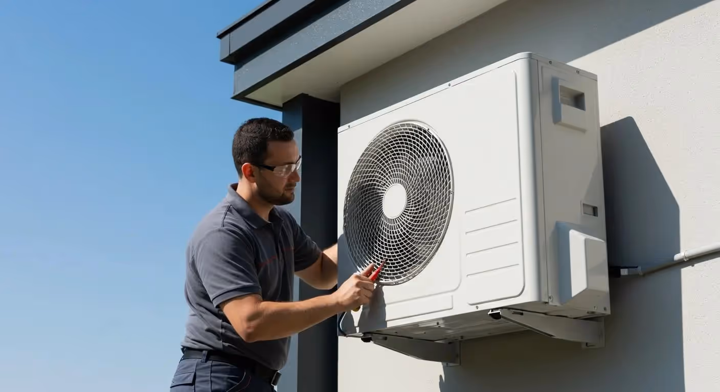 Technician installing or repairing an outdoor air conditioning unit