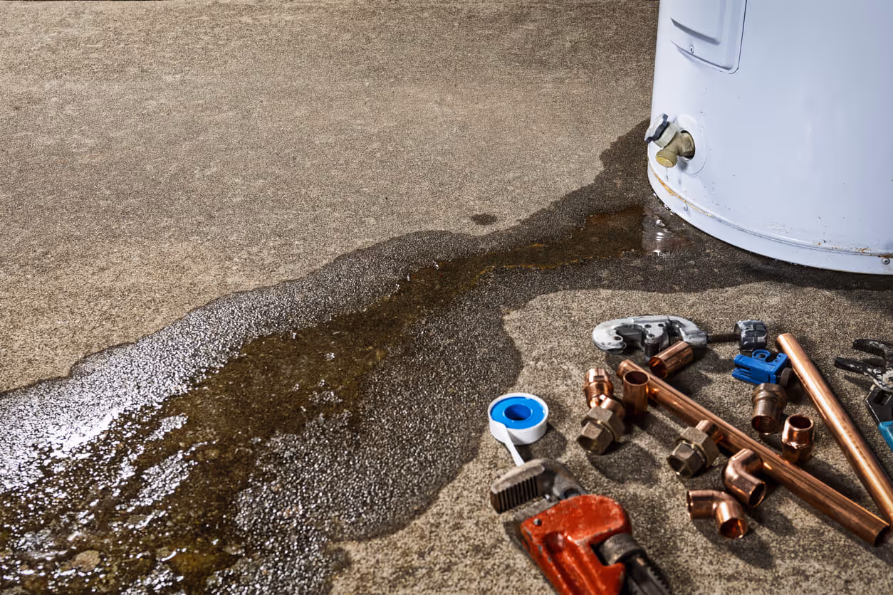 Water heater leak with plumbing tools and copper pipes on wet floor