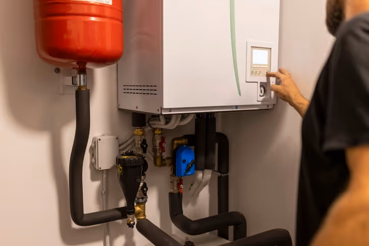 Technician adjusting settings on a wall-mounted water heater system