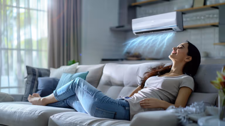 Woman relaxing on couch enjoying cool air from air conditioning unit