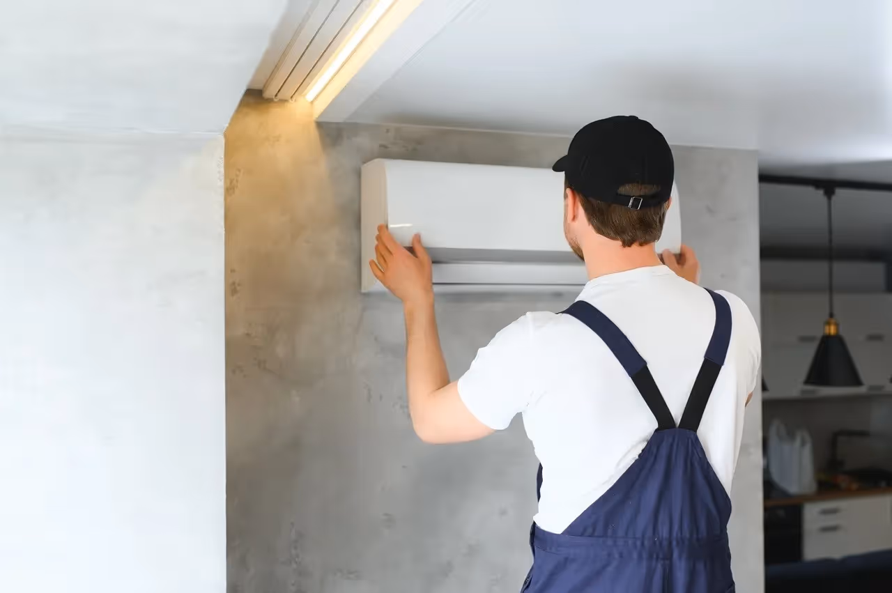 Technician in blue overalls installing air conditioning unit on wall