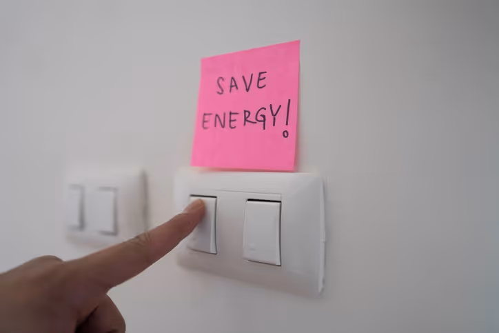 Pink sticky note with "Save Energy!" reminder near light switches