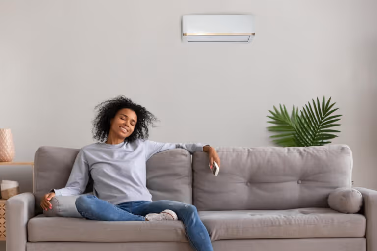 Woman relaxing on gray couch with air conditioner and plant nearby