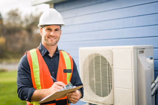 Construction worker in safety vest checks air conditioning unit outdoors