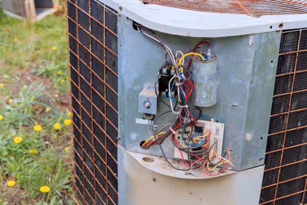 Old air conditioner unit with exposed wires and components outdoors