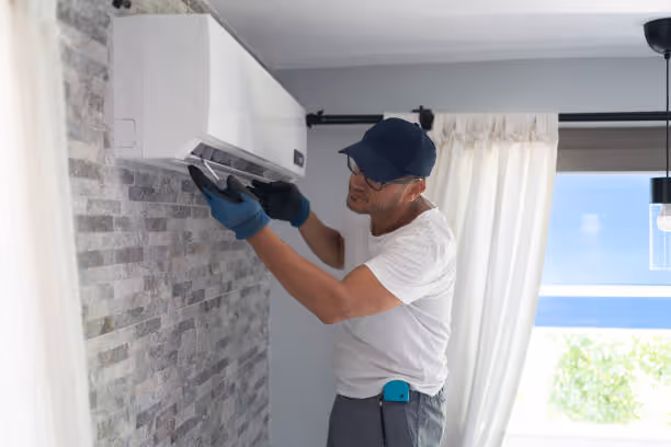Technician installing air conditioning unit on stone wall interior