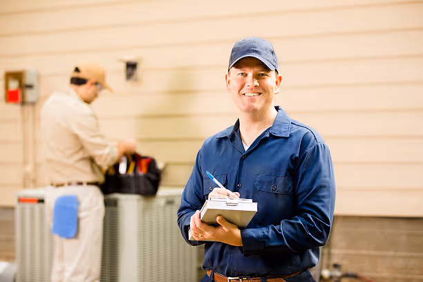 Smiling HVAC technician holding clipboard in front of air conditioning unit