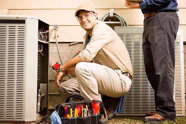 HVAC technician in safety gear repairing an air conditioning unit