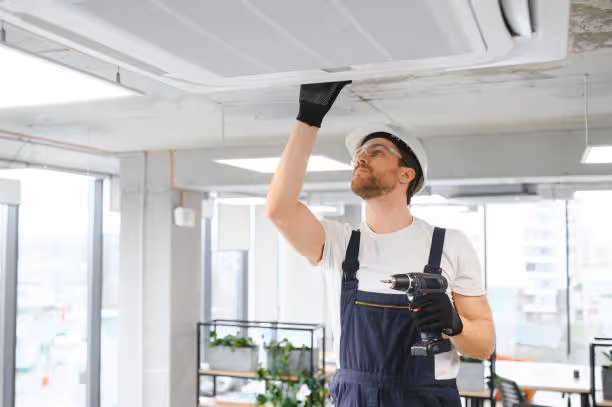 Construction worker in hard hat checking ceiling in modern office space