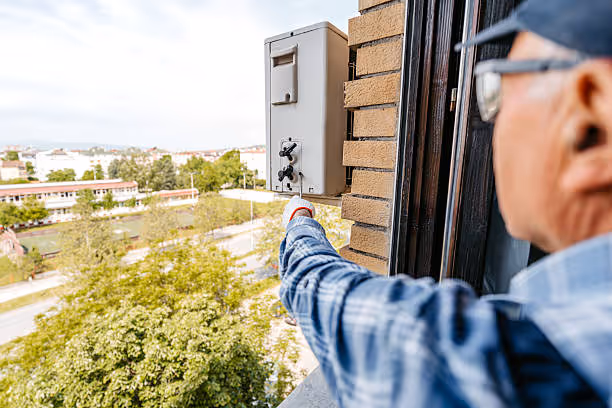 Worker in blue attaches meter to brick wall with scenic view behind