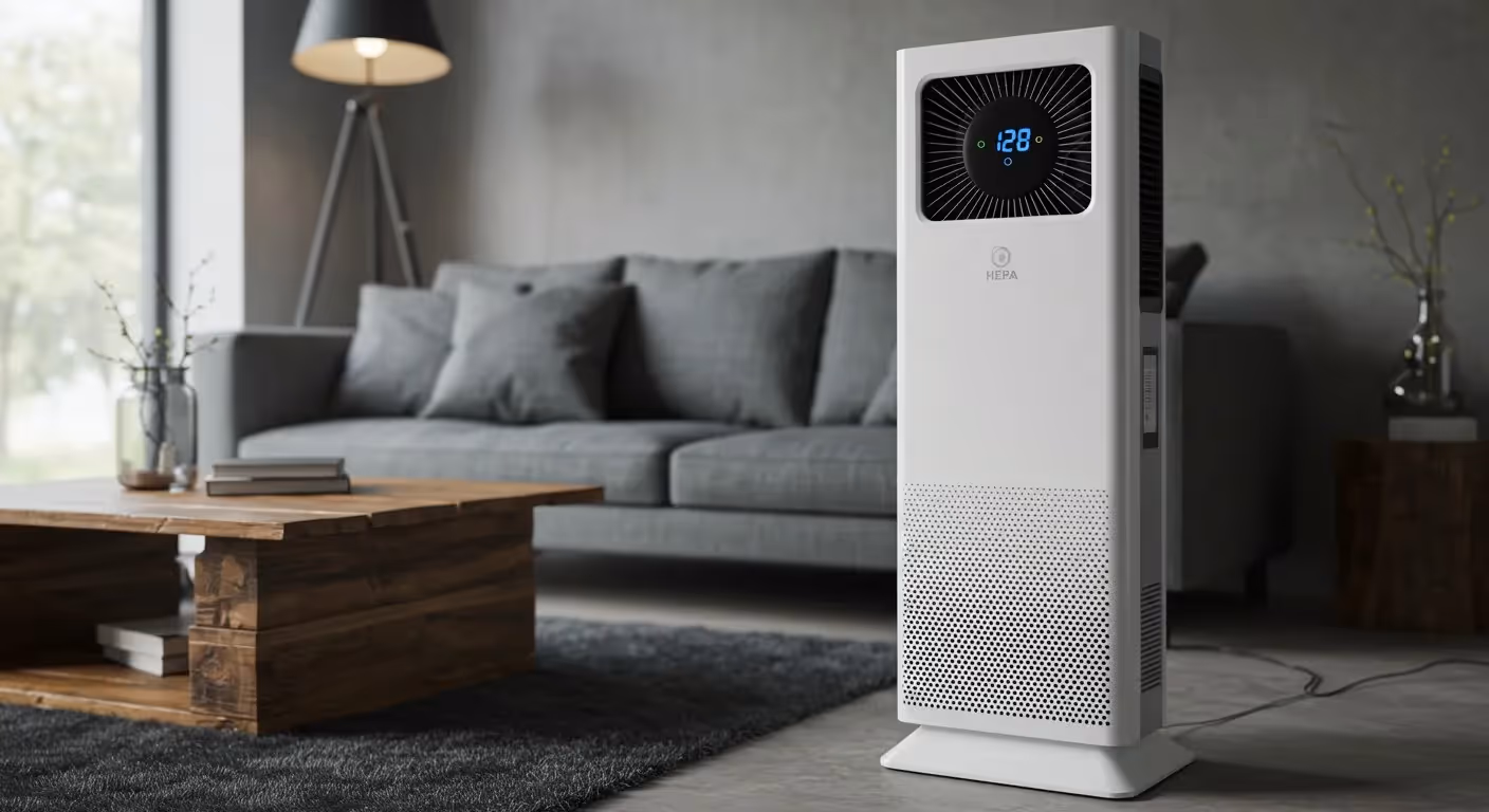 Modern white HEPA air purifier in minimalist living room setting