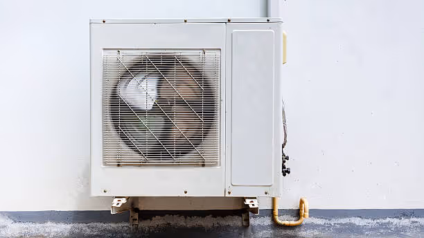 White air conditioning unit mounted on concrete wall with metal fan
