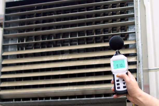 Hand holding sound level meter in front of industrial ventilation louvers