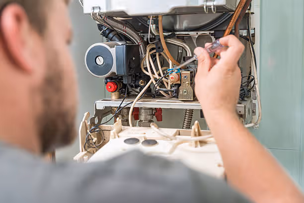 Technician repairing internal components of electrical or heating system