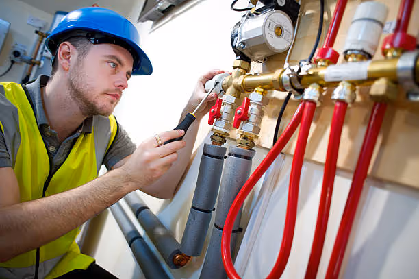 Technician in hard hat checks industrial piping and valves