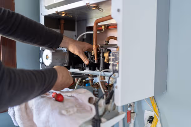 Technician repairing an internal heating system with copper pipes and tools