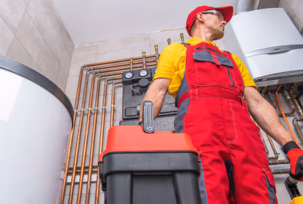 Technician in red overalls working on heating system with copper pipes
