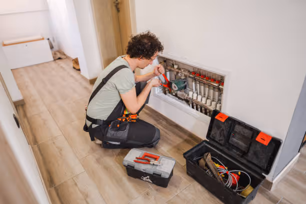 Technician checking heating system manifold with tools nearby