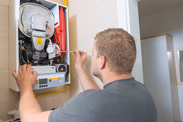 Technician inspecting and repairing an open wall-mounted heating system
