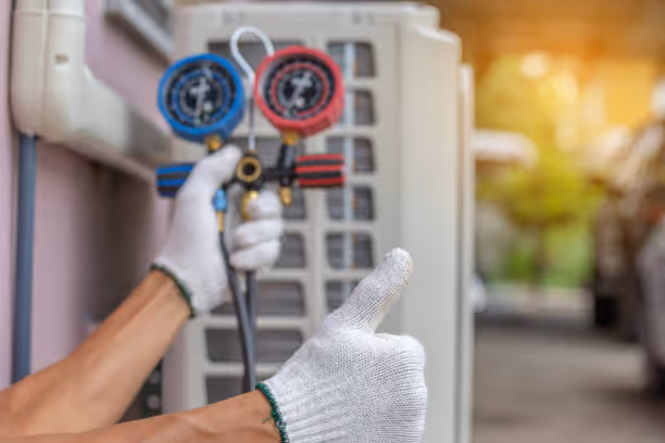 Technician checking air conditioning unit with pressure gauges