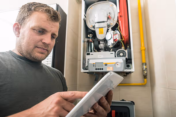 Technician checking boilers or heating system controls with digital tablet