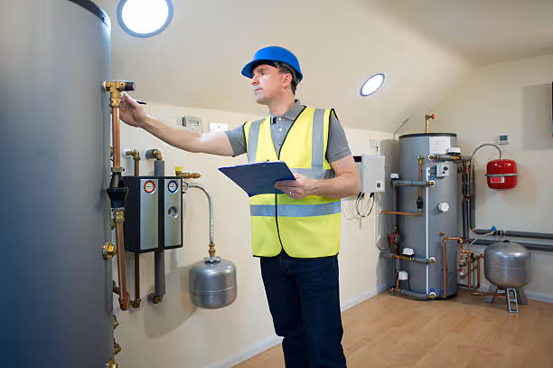 Technician in safety vest inspects boilers and heating equipment in mechanical room
