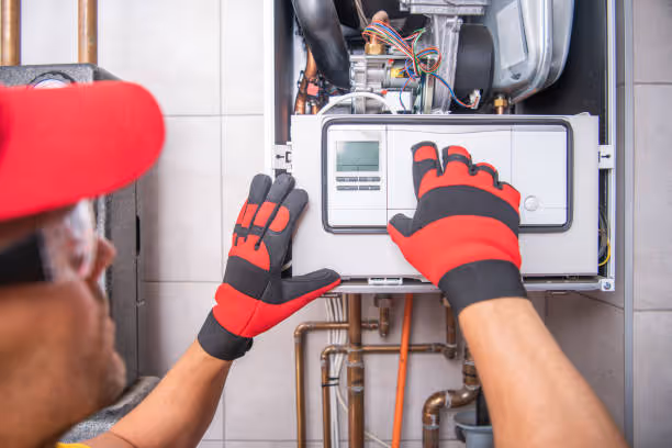 Technician in red gloves checking heating system control panel