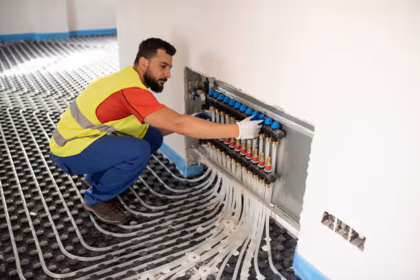Worker installing radiant floor heating pipes on insulated subfloor