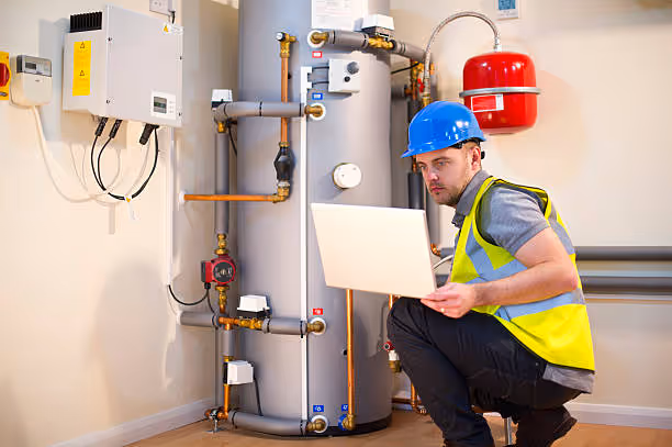 Technician in hard hat inspecting boilers and heating system with laptop