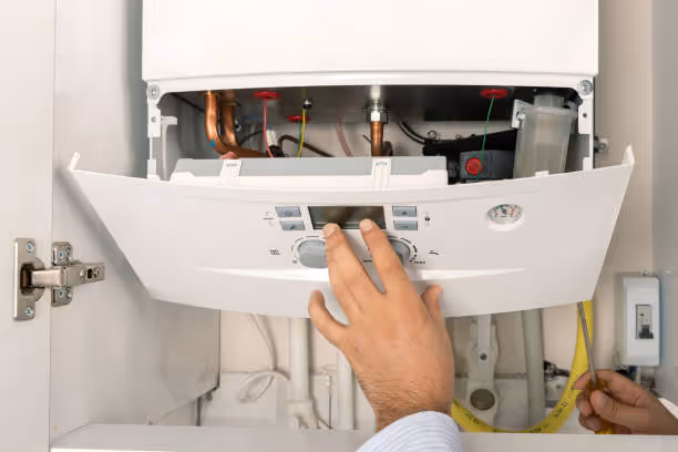 Technician adjusting settings on an open boilers control panel