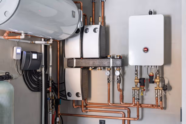 Copper pipes and heating system with boilers and water tank
