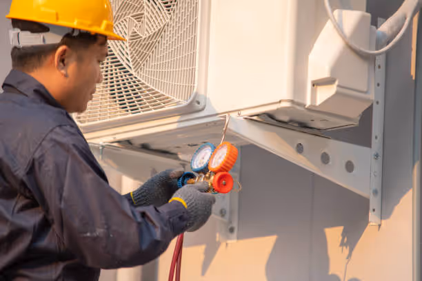 Technician checking air conditioning unit with pressure gauges