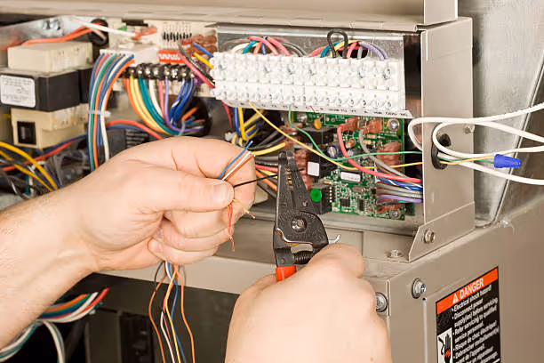 Electrician stripping and preparing wires inside an electrical panel