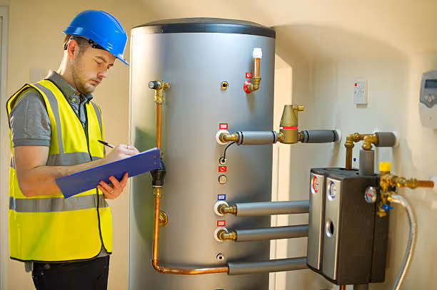 Technician in safety vest inspecting water heater and boilers