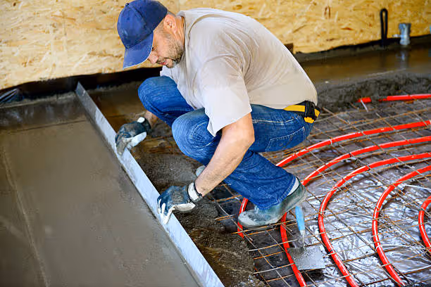Worker installing red radiant floor heating pipes on metal grid