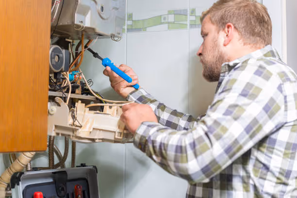Technician repairing boilers or heating system with blue screwdriver