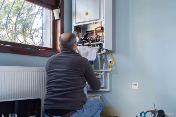 Technician examining an open boilers or water heater near a window