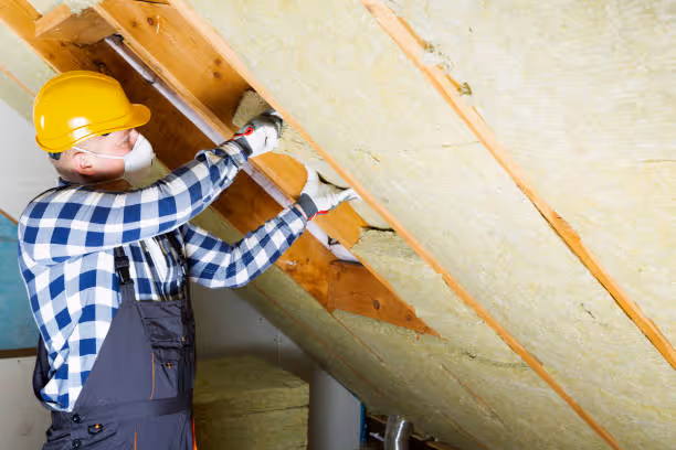 Worker installing thermal insulation in roof with yellow hard hat